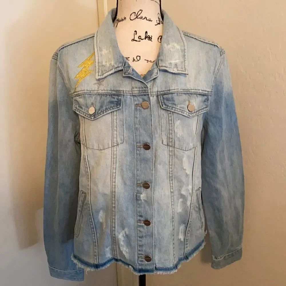 Sanctuary Milkyway Walker Intentional Factory Blue Distressed Denim Boho Jacket